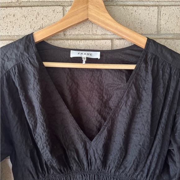 Frame black smocked V neck long blouson puff sleeves blouse top size small - Picture 6 of 7